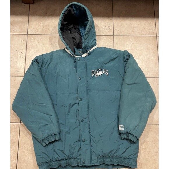 Vintage Philadelphia Eagles Jacket Mens XXL Green Starter Full Zip Coat Hooded - Picture 2 of 12
